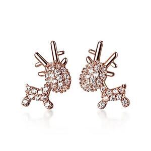 Rose Gold Plated Rhinestone Reindeer Earring Pair